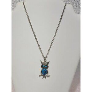 Silvertone Turquoise Resin Owl Pendant Necklace Bird Boho
